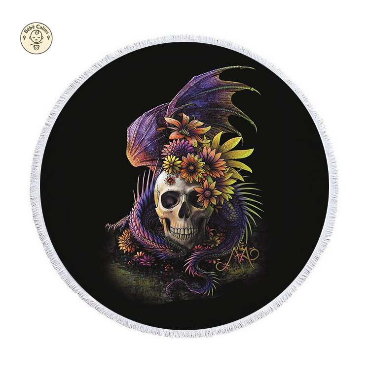 serviette de plage ronde<br> crane et dragon