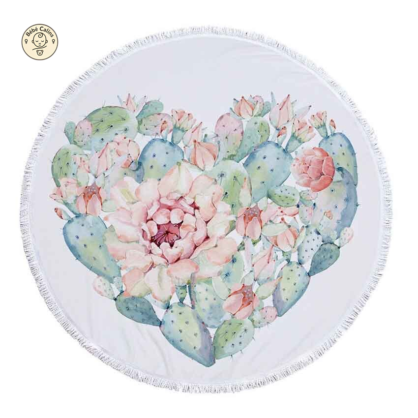 Serviette de plage ronde<br> cœur de cactus