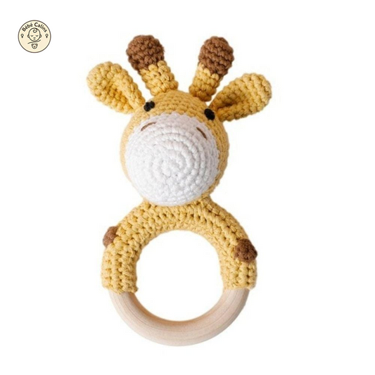 Hochet Nouveau Né Bois et Tricot Animaux Fait Main
