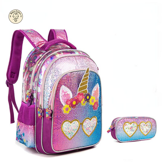 Cartable licorne scintillante accompagné de sa trousse magique