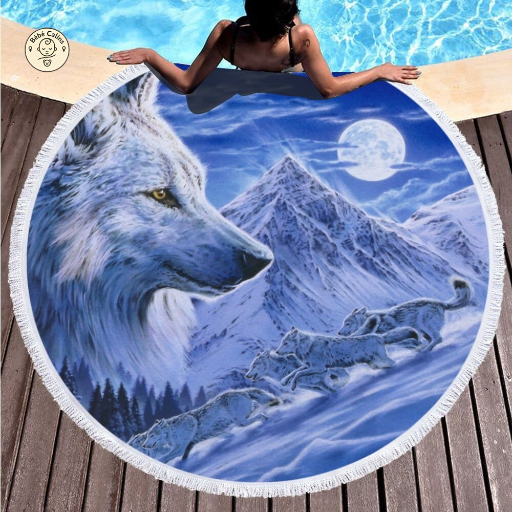 Serviette de plage<br> ronde loup blanc